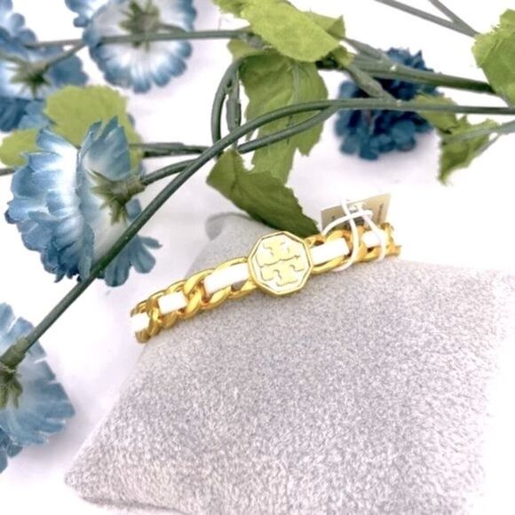 New Tory Burch Gemini White Leather Cuff Bracelet - Picture 5 of 10